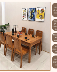 Cận cảnh hoàn thiện bàn ghế ăn gỗ sồi Nga – Gia Viên Sồi Nga: vân gỗ, đường sơn và chi tiết ghế.