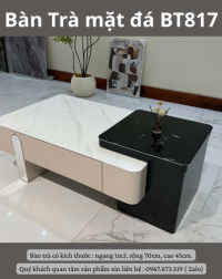 Bàn trà mặt đá BT817 – Thiết kế sang trọng với sự kết hợp hoàn hảo giữa đá trắng và đá đen, là điểm nhấn đẳng cấp cho không gian phòng khách của bạn. Chất liệu đá cao cấp và ngăn kéo tiện dụng giúp không gian thêm gọn gàng và sang trọng.