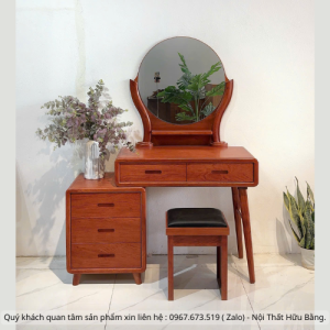 Bàn trang điểm gỗ xoan rút mặt bàn linh hoạt kèm gương tròn.